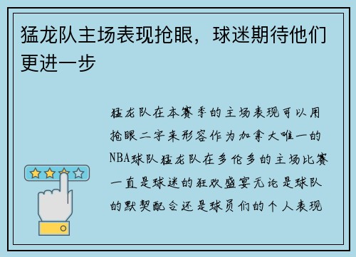 猛龙队主场表现抢眼,球迷期待他们更进一步